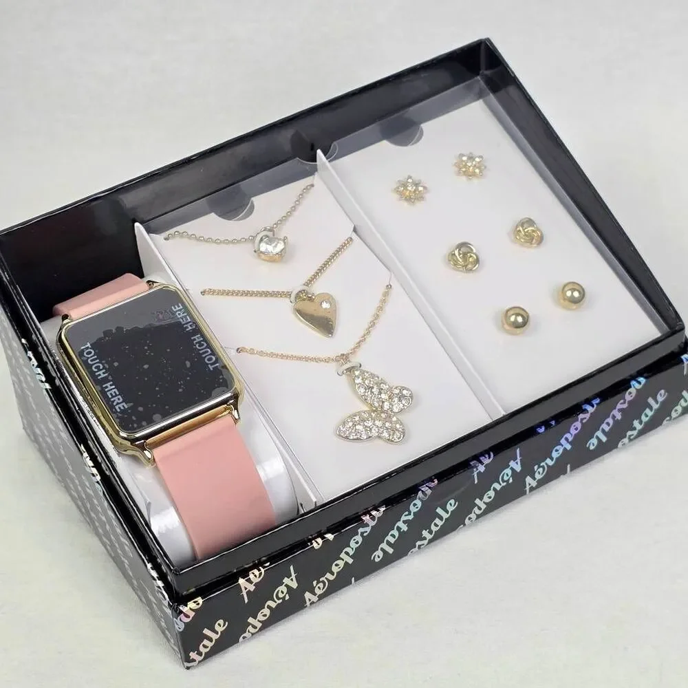 Aeropostale Digital Watch Jewelry Set Pink Gold Tone